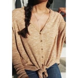 Urban Outfitters Size Large Brown Button Down Oversized Waffle Knit Boxy Top